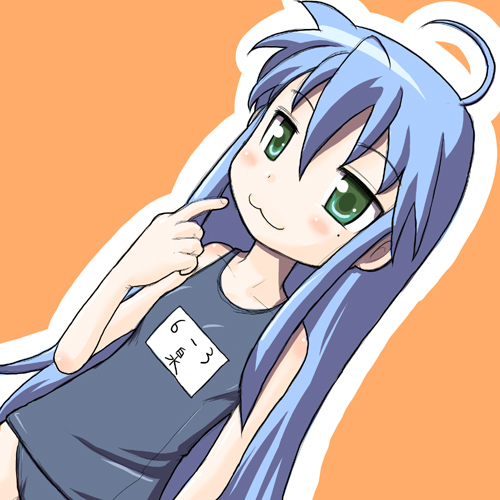 enokids, izumi konata, lucky star, lowres, 00s, 1girl, ahoge, blue hair, female focus, flat chest, green eyes, mole, mole under eye, name tag, one-piece swimsuit, pointing, pointing at self, school swimsuit, solo, swimsuit
