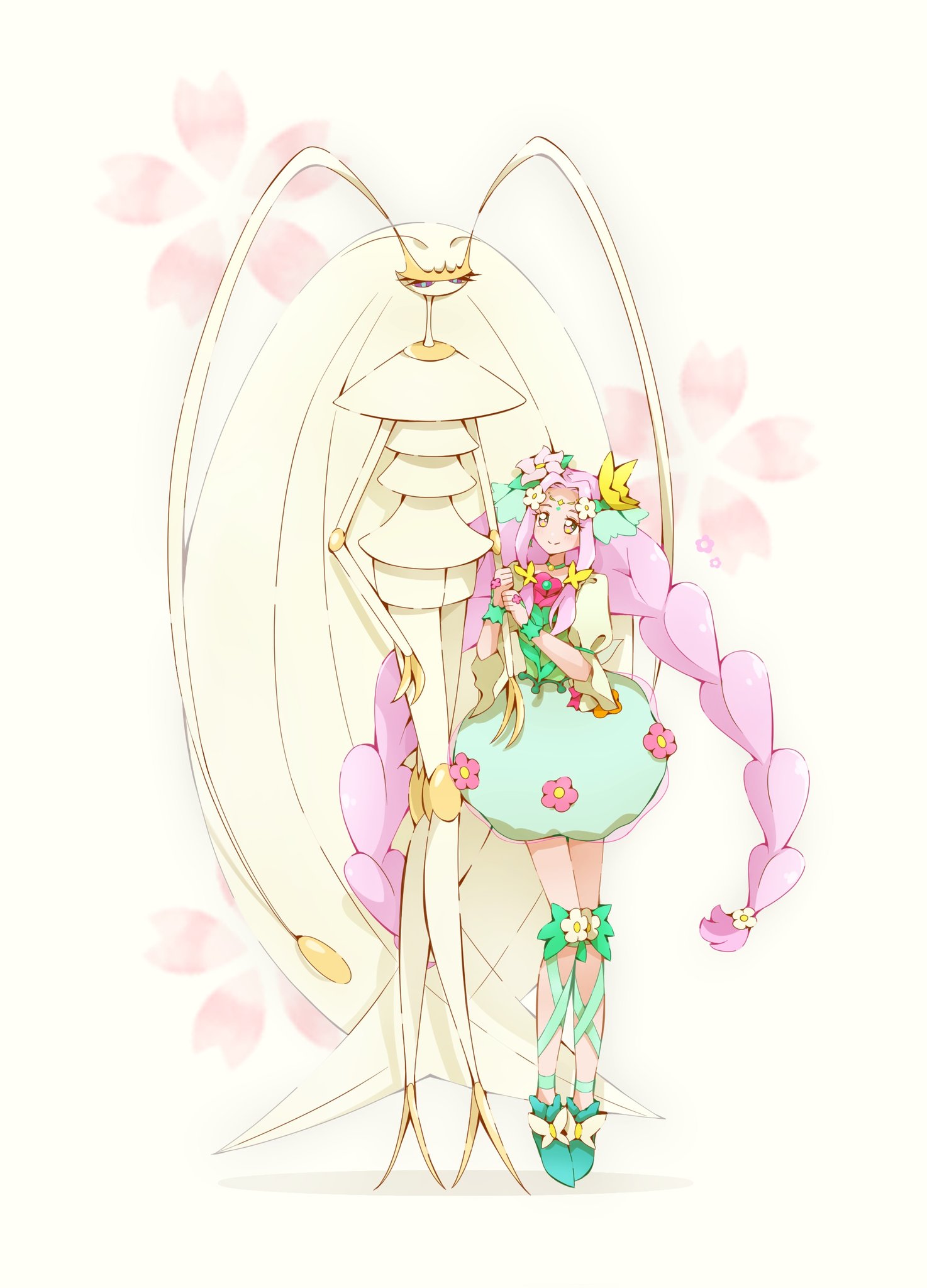 yuu13, cure felice, hanami kotoha, pheromosa, mahou girls precure!, nintendo, pokemon, precure, commentary, highres, 2girls, antennae, arthropod girl, blue eyes, braid, bubble skirt, butterfly hair ornament, choker, circlet, closed mouth, crossover, curtained hair, dress flower, flower, full body, gen 7 pokemon, grabbing another's arm, green choker, green eyes, green shoes, green skirt, hair flower, hair ornament, height difference, high heels, long hair, looking at another, looking down, looking up, magical girl, multiple girls, pink flower, pink hair, pokemon (creature), puffy short sleeves, puffy sleeves, shirt, shoes, short sleeves, skirt, smile, standing, strappy heels, twin braids, twintails, ultra beast, very long hair, white flower, white shirt, wristband