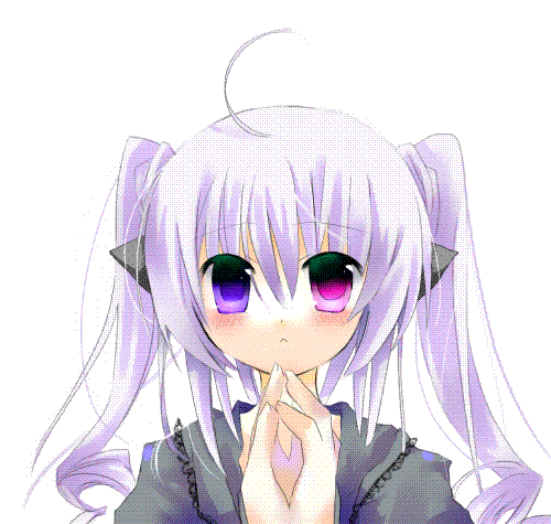 animated, animated gif, lowres, ahoge, animal ears, blush, curly hair, fang, heterochromia, open mouth, solo, twintails