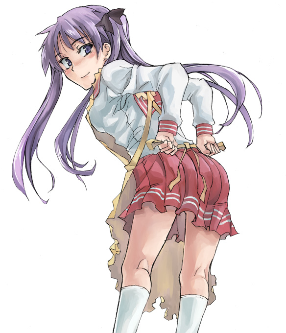 kno1, hiiragi kagami, lucky star, 00s, 1girl, apron, bow, female focus, hair bow, hair ribbon, kneehighs, kneepits, long hair, looking back, pleated skirt, purple eyes, purple hair, ribbon, school uniform, serafuku, simple background, skirt, smile, socks, solo, standing, tsurime, twintails, white socks