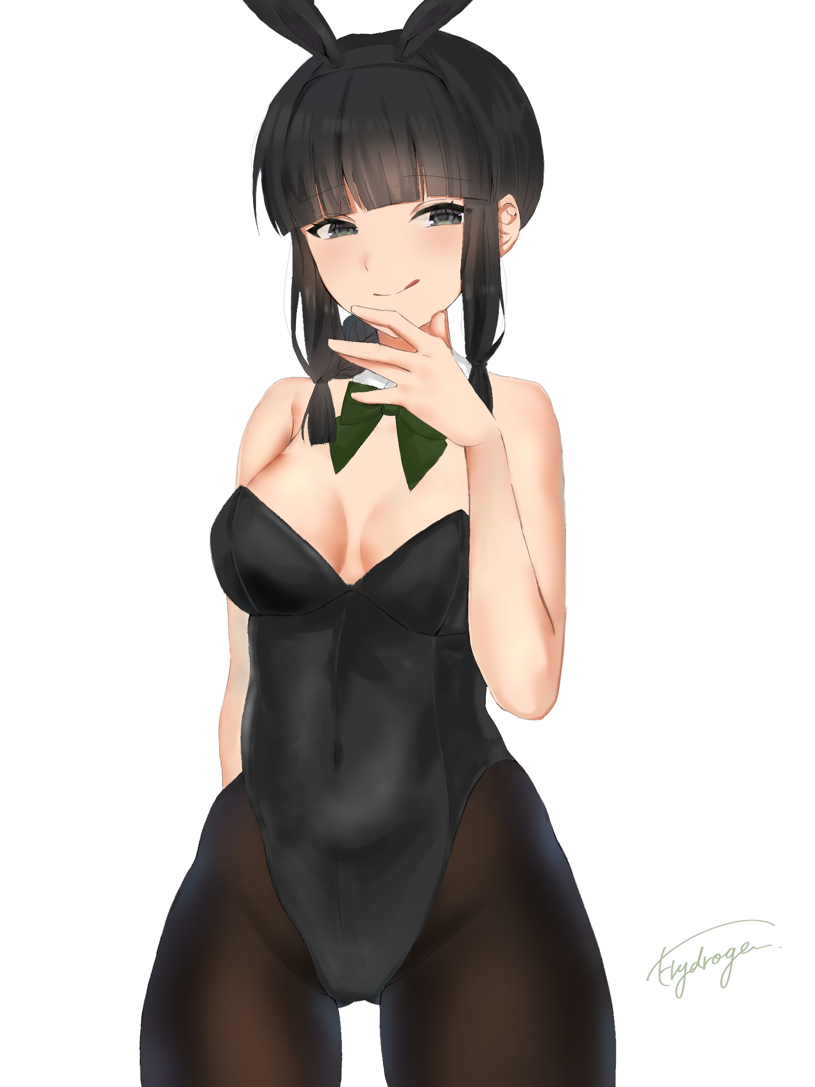 kitakami (kancolle), kantai collection, highres, 1girl, alternate costume, animal ear hairband, animal ears, black hair, black leotard, black pantyhose, blunt bangs, bow, bowtie, braid, breasts, bunny day, cleavage, cowboy shot, detached collar, fake animal ears, gluteal fold, green bow, green bowtie, grey eyes, hair over one eye, hairband, hydrogen takada, leotard, long hair, medium breasts, pantyhose, playboy bunny, rabbit ears, rabbit tail, simple background, single braid, solo, strapless, strapless leotard, tail, thigh gap, tongue, tongue out, white background