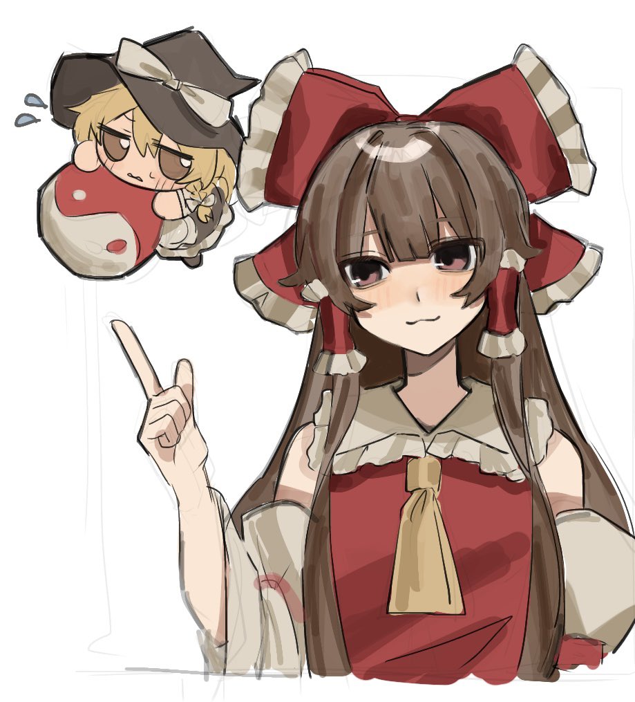 hakusi i, hakurei reimu, kirisame marisa, touhou, 2girls, apron, ascot, bare shoulders, black skirt, black vest, blonde hair, blush, bow, braid, brown eyes, brown hair, closed mouth, detached sleeves, embarrassed, fumo (doll), hair ribbon, hair tubes, hat, long hair, medium hair, multiple girls, orb, red bow, red shirt, ribbon, shirt, skirt, sleeveless, sleeveless shirt, smile, upper body, vest, white background, white shirt, witch hat, yellow ascot, yellow eyes, yin yang, yin yang orb