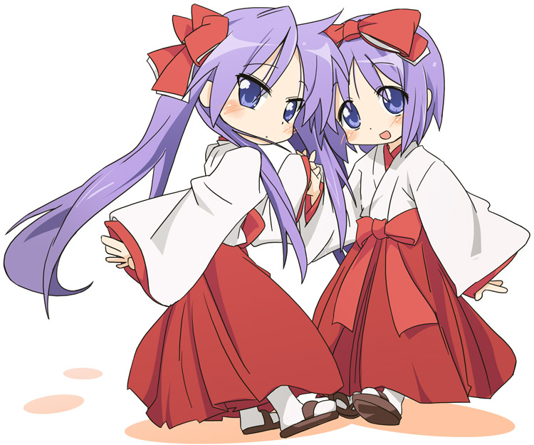 ixy, hiiragi kagami, hiiragi tsukasa, lucky star, 00s, 2girls, blue eyes, blush, bow, hair bow, hair ribbon, hakama, hakama skirt, holding hands, japanese clothes, long hair, miko, multiple girls, purple hair, red hakama, ribbon, sandals, short hair, siblings, sisters, skirt, smile, tareme, tsurime, twins, twintails