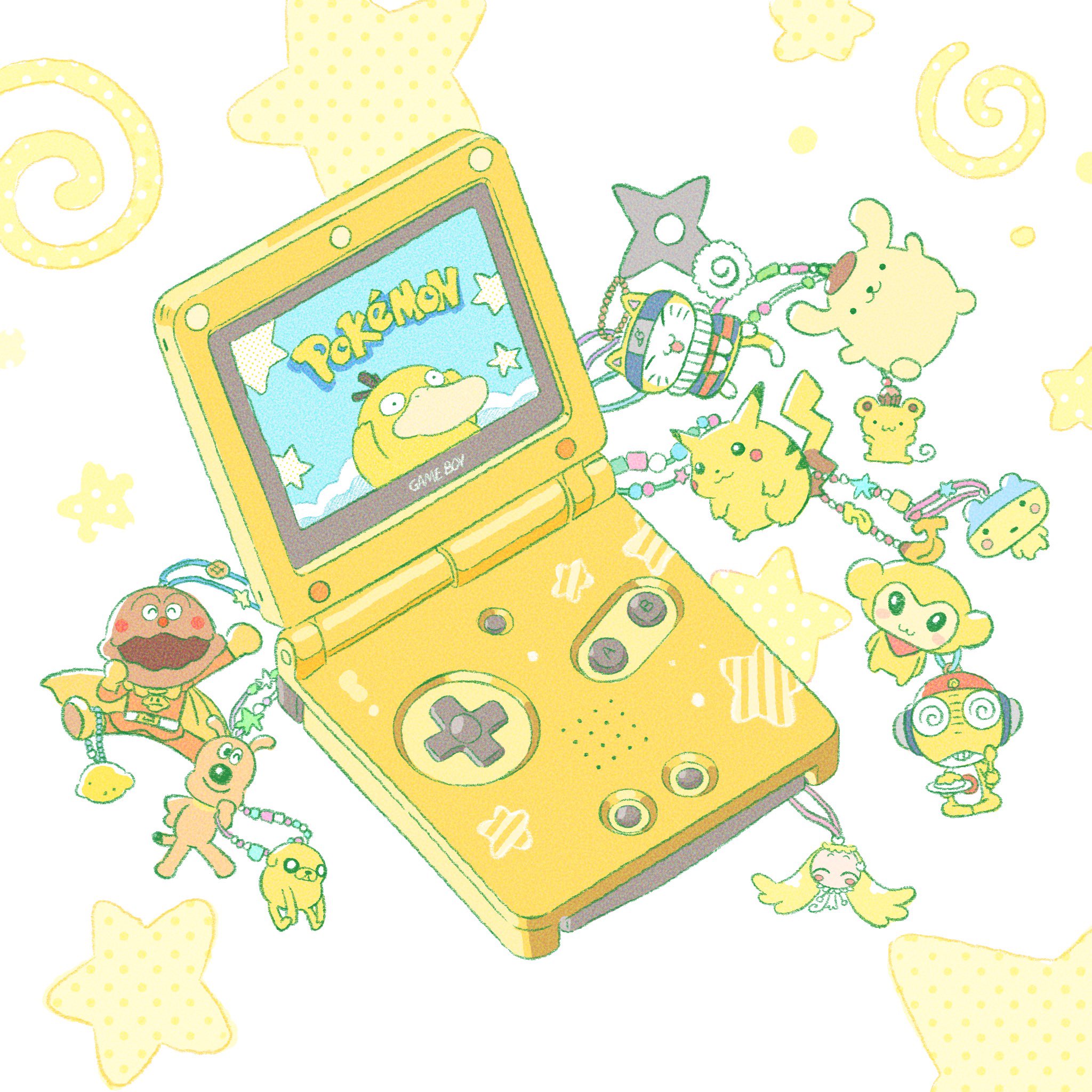 summernight 12, jake the dog, kururu (keroro gunsou), mametchi, pikachu, pompompurin, psyduck, scone (sanrio), adventure time, keroro gunsou, nintendo, pokemon, sanrio, tamagotchi, character request, commentary, copyright request, highres, symbol-only commentary, character charm, charm (object), copyright name, english text, fat pikachu, food, food charm, fruit, game boy, game boy advance sp, gen 1 pokemon, handheld game console, kamaboko, lemon, narutomaki, pokemon (creature), shuriken, star (symbol), weapon, white background, yellow theme