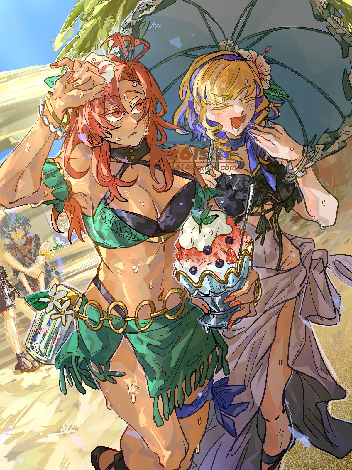 biz6ls, constance von nuvelle, constance von nuvelle (summer), hapi (fire emblem), hapi (summer) (fire emblem), male byleth (fire emblem), fire emblem, fire emblem: three houses, fire emblem heroes, nintendo, highres, 2boys, 2girls, bare shoulders, beach, berry, bikini, blonde hair, blue eyes, blue hair, bracelet, breasts, cleavage, closed eyes, closed mouth, dark-skinned female, dark skin, drill hair, drill sidelocks, flower, food, frown, green bikini, hair flower, hair ornament, hairband, holding, holding umbrella, ice cream, jewelry, large breasts, male swimwear, medium breasts, medium hair, melting ice cream, multicolored hair, multiple boys, multiple girls, navel, official alternate costume, one-piece swimsuit, open mouth, outdoors, parasol, purple hair, red eyes, red hair, sarong, shaved ice, short hair, sidelocks, sweat, sweatdrop, swim trunks, swimsuit, teeth, umbrella, underboob, white one-piece swimsuit, white sarong