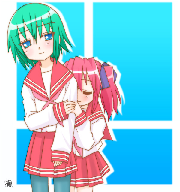kairakuen umenoka, iwasaki minami, kobayakawa yutaka, lucky star, black legwear, 00s, 2girls, blue background, closed eyes, cowboy shot, green hair, height difference, long sleeves, multiple girls, pantyhose, pleated skirt, red hair, sailor collar, school uniform, serafuku, shirt, short hair, simple background, skirt, standing, twintails, white shirt