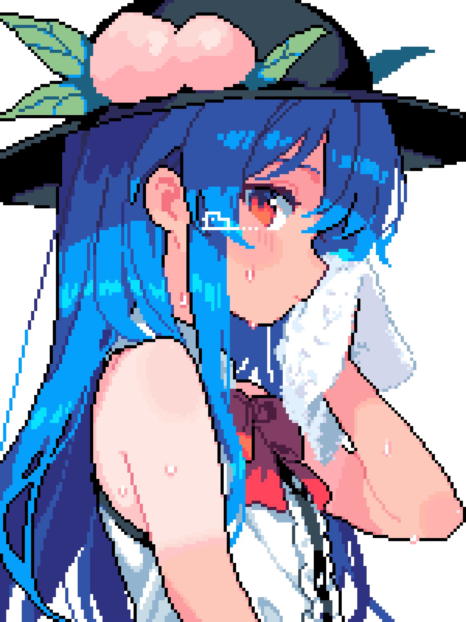 ahiru tokotoko, hinanawi tenshi, touhou, highres, 1girl, bare shoulders, blue hair, blush, bow, bowtie, closed mouth, expressionless, from side, hat, holding, holding towel, peach hat ornament, pixel art, red bow, red bowtie, red eyes, shirt, sleeveless, sleeveless shirt, solo, sweat, sweatdrop, tan, tanline, towel, upper body, white shirt, wiping face, wiping sweat
