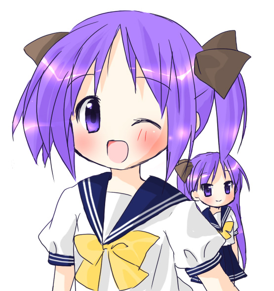 hiiragi kagami, hiiragi tsukasa, lucky star, tagme, 00s, 2girls, multiple girls, school uniform, serafuku, sisters, twins, upper body
