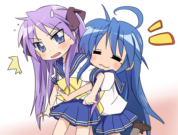 ixy, hiiragi kagami, izumi konata, lucky star, 00s, 2girls, ^^^, ahoge, angry, blue eyes, blue hair, blue skirt, blush, hug, hug from behind, loafers, long hair, mole, mole under eye, multiple girls, pleated skirt, school uniform, serafuku, shirt, shoes, short sleeves, skirt, surprised, very long hair, white shirt, yuri