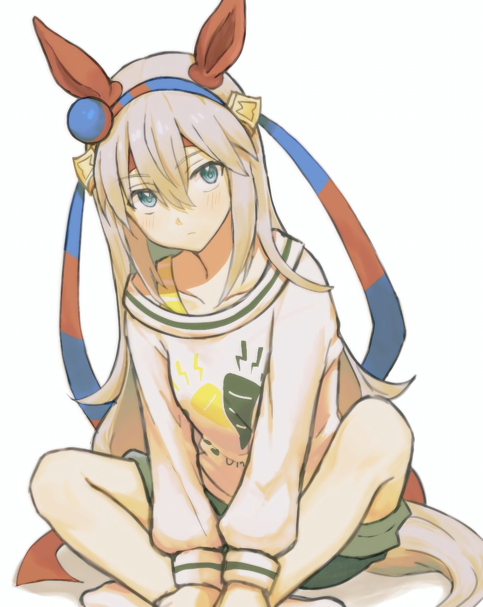 tamamo cross (umamusume), umamusume, highres, 1girl, :/, animal ears, arm support, barefoot, blue eyes, blue hairband, blue ribbon, carrot print, casual, closed mouth, collarbone, ear covers, food print, full body, grey hair, grey shorts, hair between eyes, hairband, headband, horse ears, horse girl, horse tail, indian style, layered shirt, long hair, long ribbon, long sleeves, looking at viewer, official alternate costume, print shirt, puffy long sleeves, puffy sleeves, red hairband, red headband, red ribbon, ribbon, shirt, shorts, simple background, sitting, sleeveless, sleeveless shirt, solo, striped clothes, striped hairband, striped ribbon, taa in1, tail, two-tone hairband, two-tone ribbon, v arms, white background, white shirt, yellow shirt