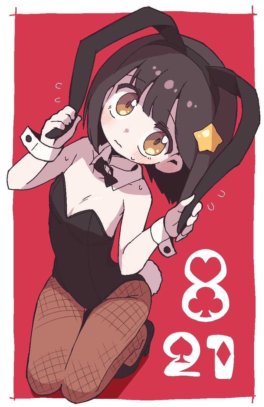 dokan (dkn), original, highres, 1girl, animal ear hairband, animal ears, black bow, black bowtie, black hair, black leotard, bow, bowtie, breasts, brown eyes, brown pantyhose, bunny day, club (shape), detached collar, diamond (shape), fake animal ears, fishnet pantyhose, fishnets, hair ornament, hairband, heart, kneeling, leotard, pantyhose, playboy bunny, playing card theme, rabbit ears, rabbit tail, red background, short hair, small breasts, solo, spade (shape), star (symbol), star hair ornament, strapless, strapless leotard, tail, wrist cuffs