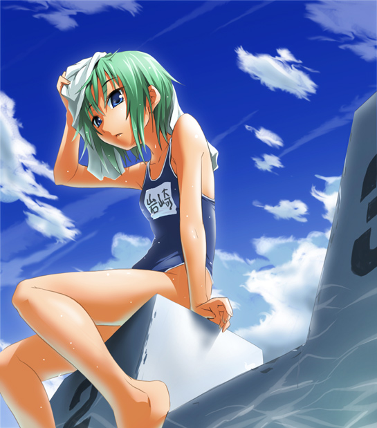 nilitsu, iwasaki minami, lucky star, 00s, 1girl, barefoot, blue eyes, caustics, cloud, day, female focus, green hair, name tag, one-piece swimsuit, pool, poolside, school swimsuit, short hair, sitting, sky, solo, swimsuit