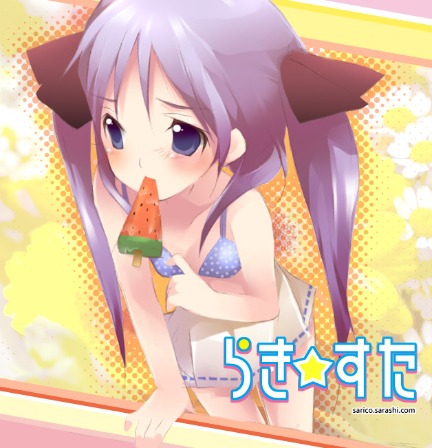 shiratama (shiratamaco), hiiragi kagami, lucky star, 00s, 1girl, bikini, female focus, food, popsicle, purple eyes, purple hair, solo, swimsuit, twintails
