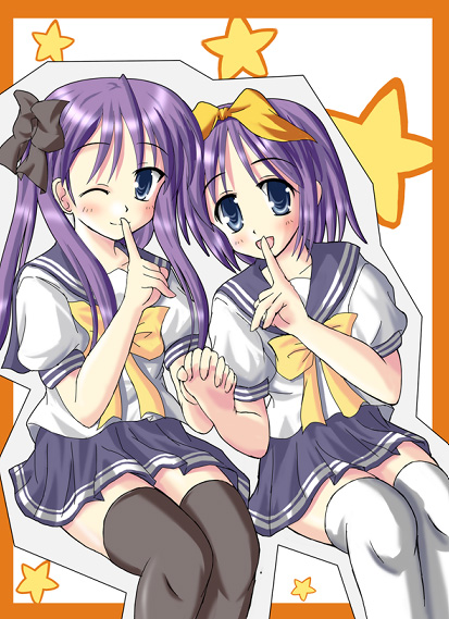 hiiragi tomoka, hiiragi kagami, hiiragi tsukasa, lucky star, 00s, 2girls, blue eyes, bow, miniskirt, multiple girls, purple hair, school uniform, serafuku, siblings, sisters, skirt, star (symbol), thighhighs, twins, wink, zettai ryouiki