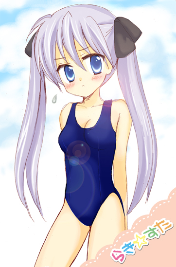 yunico, hiiragi kagami, lucky star, 00s, lens flare, one-piece swimsuit, solo, swimsuit, twintails