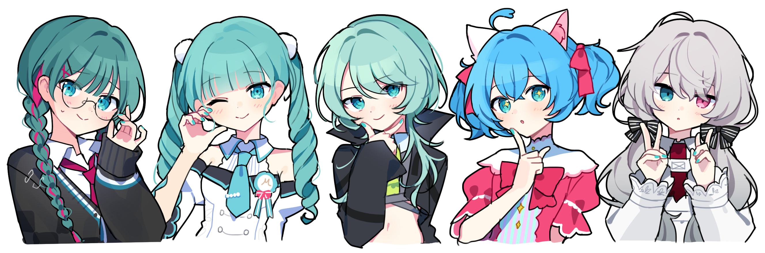 waka (wk4444), 25-ji miku, hatsune miku, project sekai, vocaloid, commentary request, highres, 5girls, :o, ;), ahoge, animal ears, black shirt, black sweater, blue eyes, blue hair, blue necktie, blunt bangs, blush, bow, bowtie, cat ears, closed mouth, collared shirt, crop top, cropped shirt, cropped torso, dress, glasses, green eyes, green hair, grey hair, heterochromia, long hair, long sleeves, looking at viewer, midriff, multiple girls, multiple persona, navel, necktie, one eye closed, open mouth, red bow, red bowtie, red dress, red eyes, red necktie, shirt, short hair, short sleeves, simple background, smile, sweater, twintails, white background, white shirt, wing collar