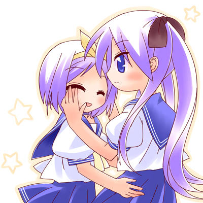 hiiragi kagami, hiiragi tsukasa, lucky star, lowres, 00s, purple hair, school uniform, serafuku, siblings, sisters, twins