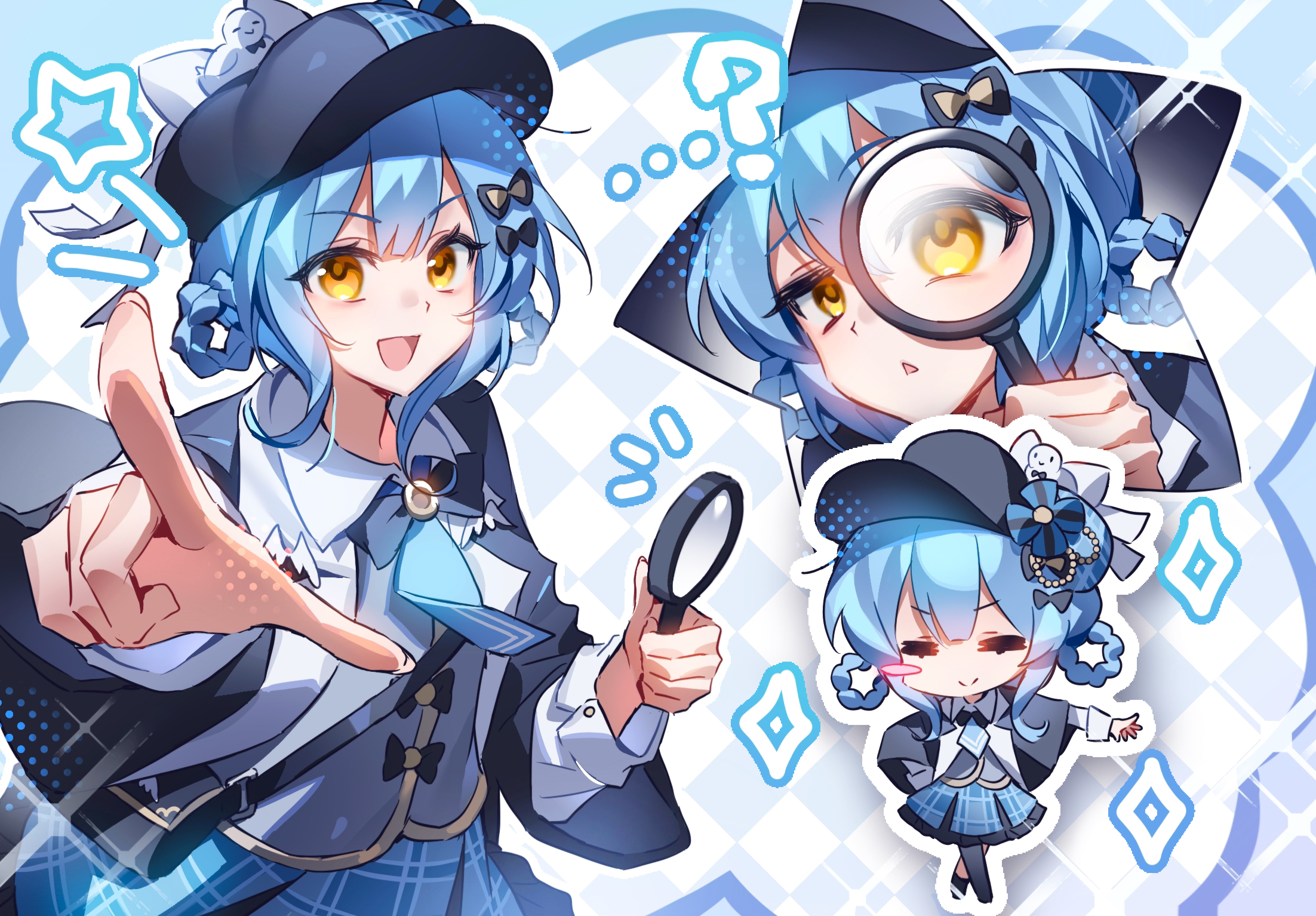 tachibana sherry, mahou shoujo no majo saiban, artist request, commission, highres, lossy-lossless, second-party source, 1girl, :d, ?, bird hat ornament, black bow, black hat, blue background, blue hair, blue necktie, blue skirt, blush stickers, bow, braid, braided hair rings, chibi, chibi inset, closed eyes, closed mouth, collared shirt, deerstalker, detective, foreshortening, hair bow, hair rings, hand up, hat, holding, holding magnifying glass, index finger raised, long sleeves, looking at viewer, looking through magnifying glass, magical girl, magnifying glass, multiple views, necktie, open mouth, plaid clothes, plaid skirt, pointing, pointing at viewer, shirt, skirt, smile, sparkle, standing, star (symbol), triangle mouth, white shirt, yellow eyes