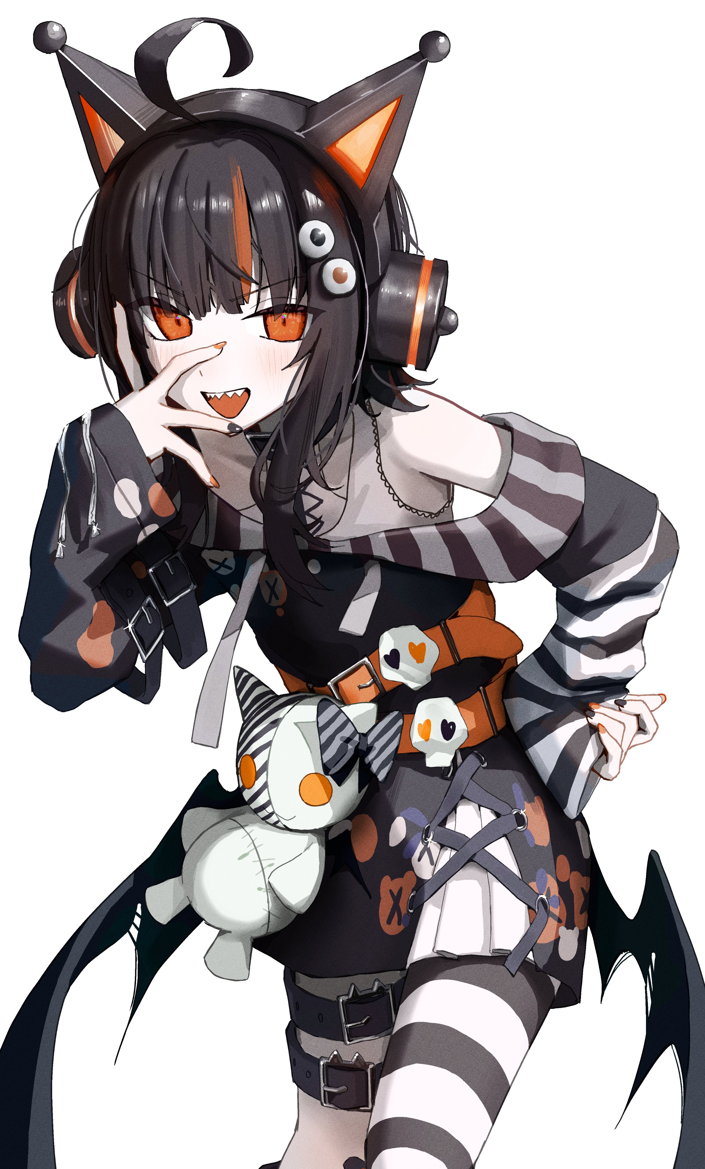 dontcare369369, mahou shoujo no majo saiban, absurdres, highres, 1girl, ahoge, animal ear headphones, animal ears, belt, belt collar, black dress, black hair, black nails, cat ear headphones, collar, dress, earphones, eyeball hair ornament, fake animal ears, hand on own face, headphones, hime cut, looking at viewer, magical girl, multicolored nails, orange eyes, orange hair, orange nails, orange streaks, sawatari koko, sharp teeth, simple background, single off shoulder, sleeves past wrists, solo, stuffed animal, stuffed toy, teeth, thigh belt, thigh strap, white background