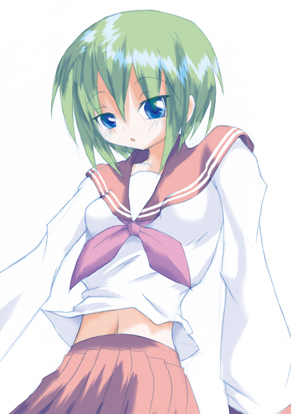 hexa, iwasaki minami, lucky star, 00s, 1girl, blue eyes, collarbone, female focus, green hair, long sleeves, looking at viewer, midriff, navel, neckerchief, pink neckerchief, pleated skirt, red skirt, school uniform, serafuku, shirt, short hair, skirt, smile, solo, stomach, white shirt