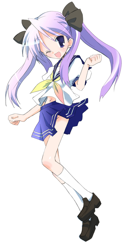 hizuki yayoi, hiiragi kagami, lucky star, 00s, 1girl, ;d, blue skirt, brown shoes, female focus, full body, kneehighs, loafers, looking at viewer, one eye closed, open mouth, pleated skirt, school uniform, serafuku, shirt, shoes, simple background, skirt, smile, socks, solo, white background, white shirt, white socks
