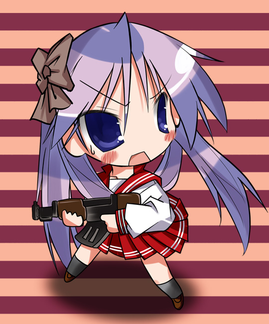 yamaguchi shinnosuke, hiiragi kagami, lucky star, 00s, chibi, chibi only, gun, school uniform, serafuku, solo, weapon
