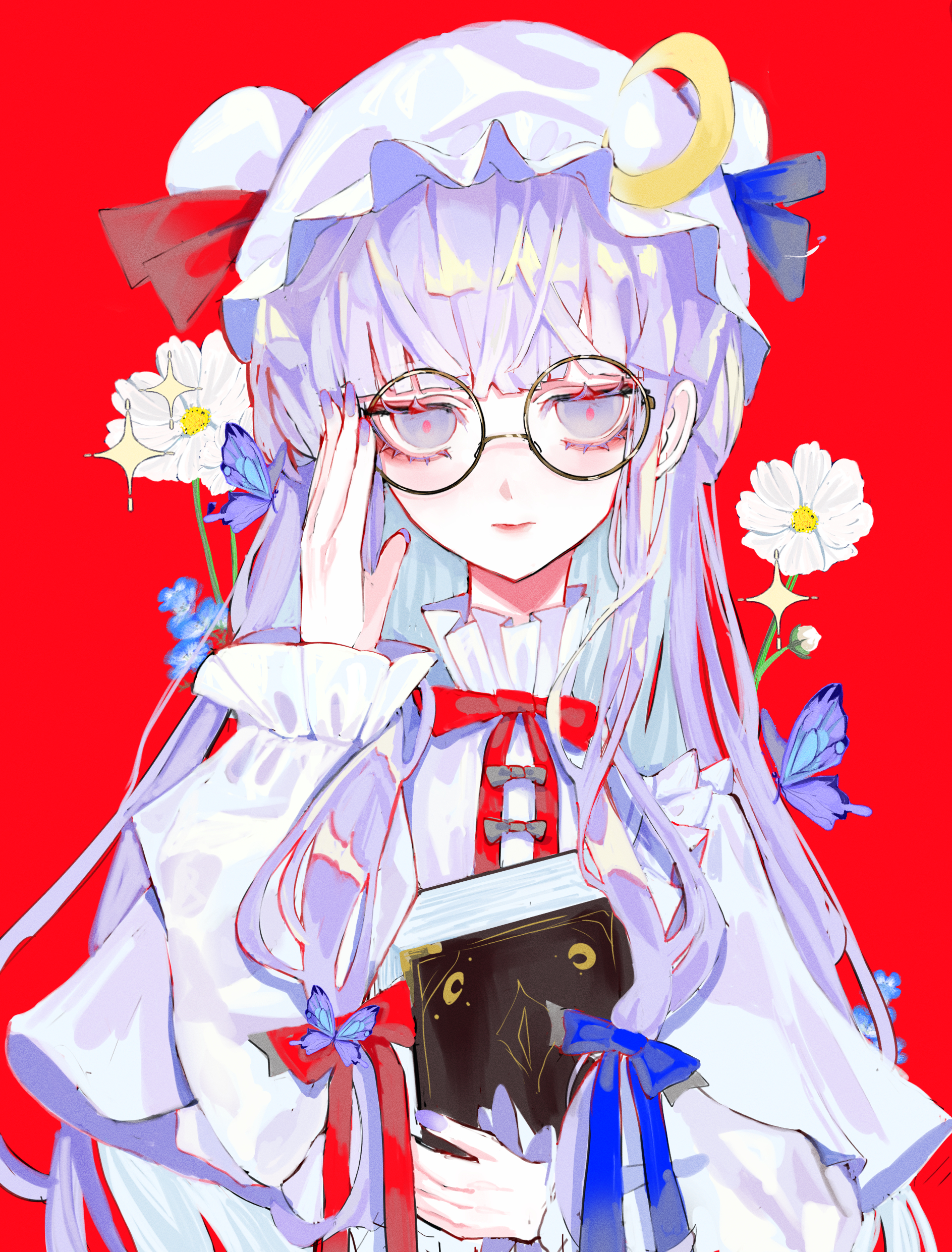 mashi (pixiv zcjd2538), patchouli knowledge, touhou, absurdres, highres, 1girl, adjusting eyewear, book, bug, butterfly, closed mouth, crescent, crescent hat ornament, dress, expressionless, flower, glasses, hair ribbon, hat, hat ornament, holding, holding book, insect, jitome, long sleeves, looking at viewer, mob cap, nail polish, purple eyes, purple hair, purple nails, red background, ribbon, robe, round eyewear, solo, upper body, white dress, white robe