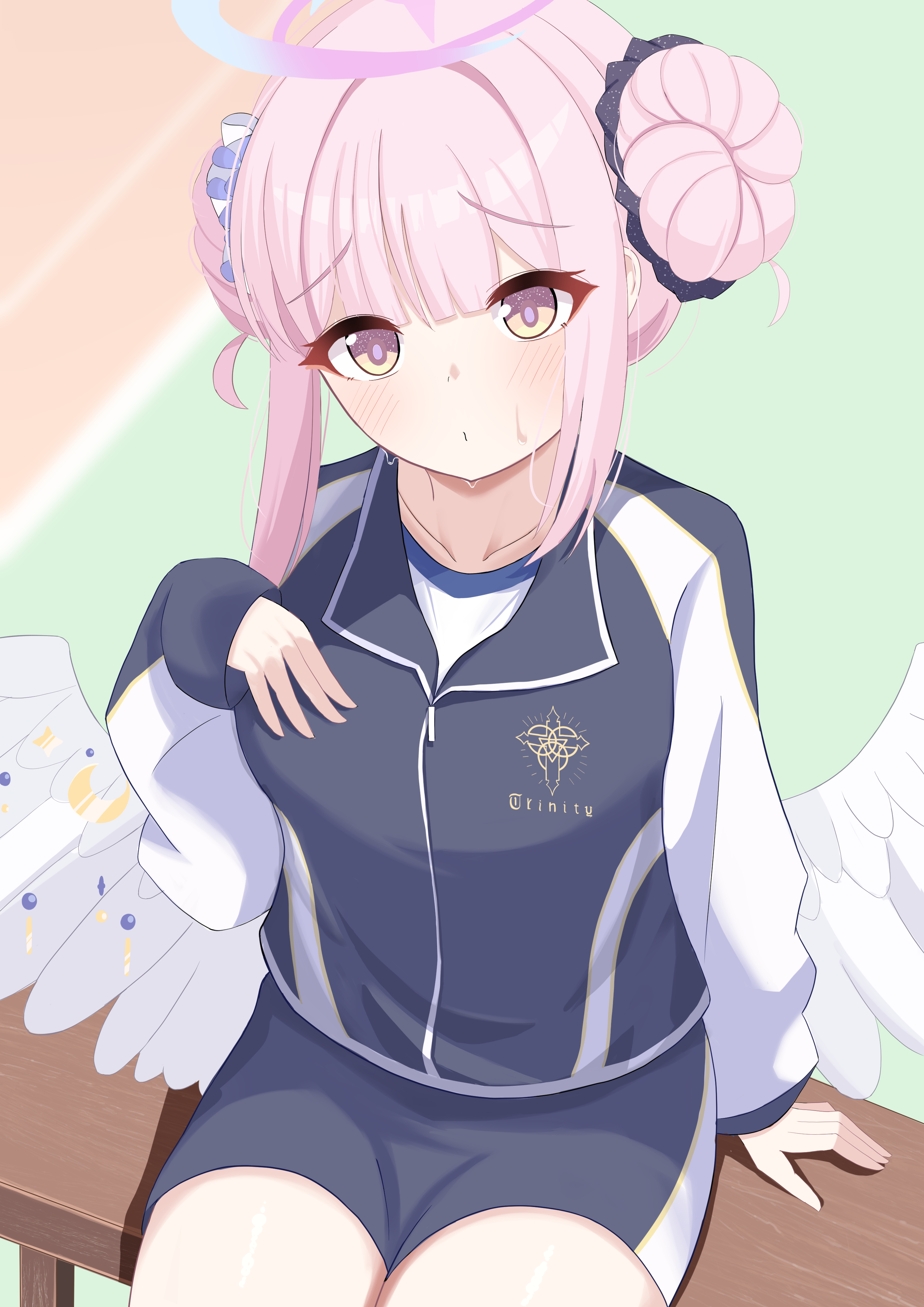 kurenaiaoi0, mika (blue archive), mika (track) (blue archive), blue archive, absurdres, highres, 1girl, angel wings, black shorts, collarbone, double bun, feathered wings, hair bun, halo, jacket, long sleeves, looking at viewer, low wings, multicolored eyes, official alternate costume, official alternate hairstyle, pink eyes, pink hair, pink halo, short shorts, shorts, solo, track jacket, two-tone eyes, white wings, wings, yellow eyes