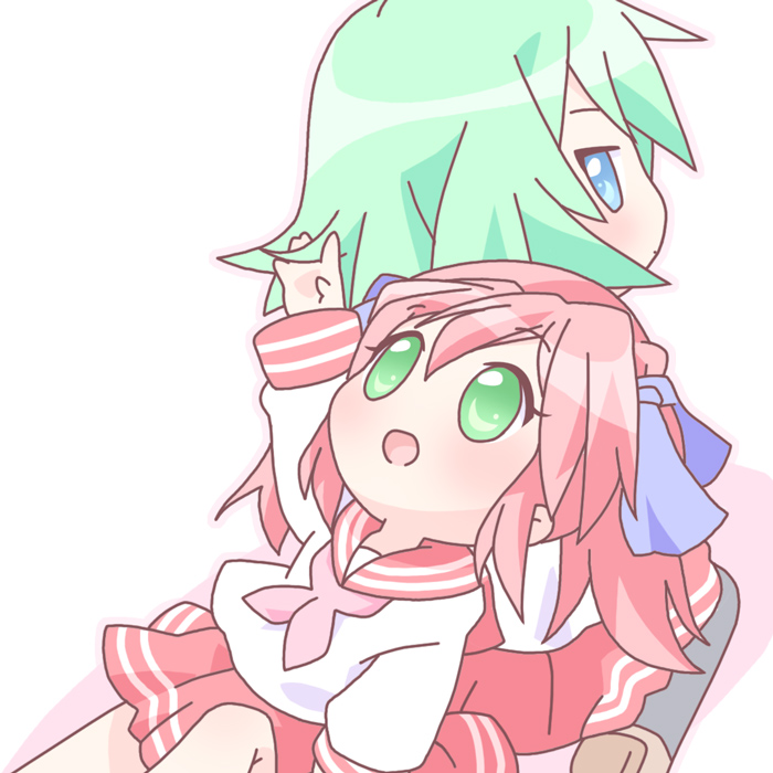 mirai (sugar), iwasaki minami, kobayakawa yutaka, lucky star, 00s, 2girls, :d, blue eyes, chibi, green eyes, green hair, multiple girls, open mouth, pantyhose, pink hair, school uniform, serafuku, short hair, smile, tsurime