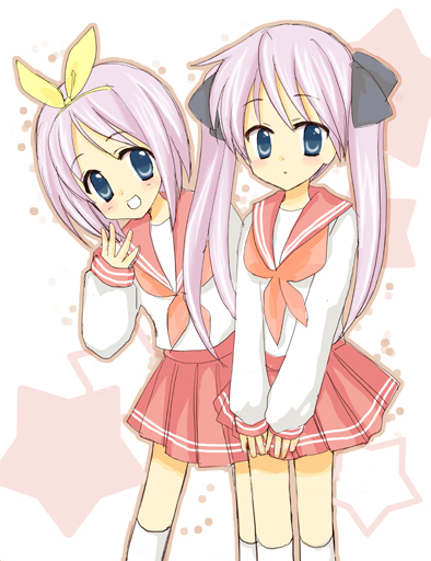 yunico, hiiragi kagami, hiiragi tsukasa, lucky star, white legwear, 00s, 2girls, kneehighs, leaning forward, long hair, long sleeves, looking at viewer, multiple girls, neckerchief, pink hair, pleated skirt, red skirt, school uniform, serafuku, shirt, short hair, siblings, simple background, sisters, skirt, socks, twins, twintails, white background, white shirt