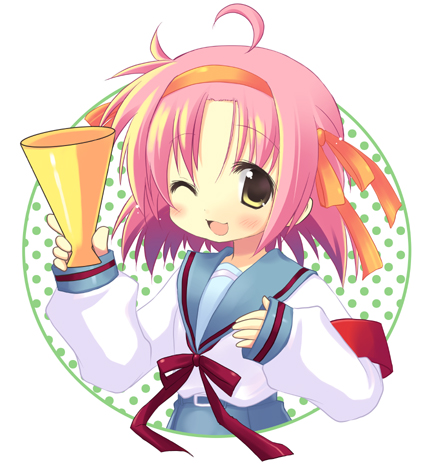 futaba miwa, kogami akira, suzumiya haruhi, lucky star, suzumiya haruhi no yuuutsu, lowres, 1girl, cosplay, crossover, female focus, school uniform, serafuku, solo, suzumiya haruhi (cosplay), upper body