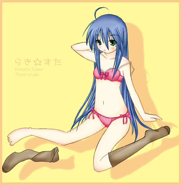 izumi konata, lucky star, 00s, bow, bra, feet, panties, underwear