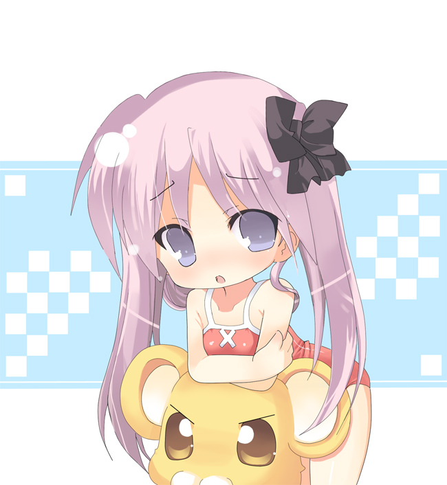 omiso, omiso (omiso), bonta-kun, hiiragi kagami, full metal panic!, lucky star, 00s, 1girl, :o, casual one-piece swimsuit, chibi, crossover, female focus, leaning, leaning forward, one-piece swimsuit, solo, swimsuit