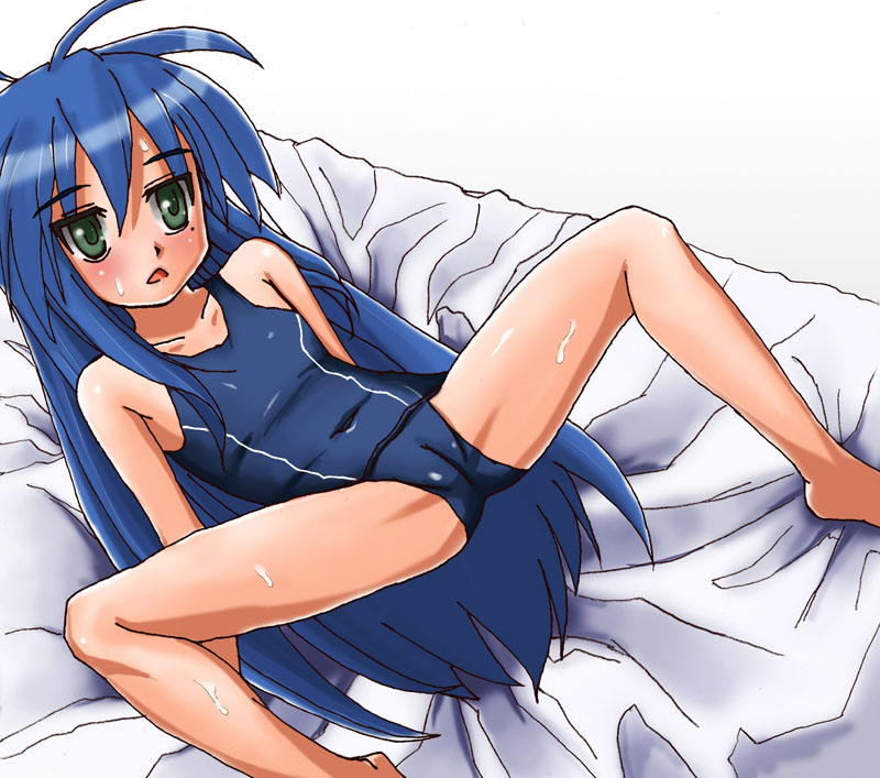 avalon (kuroame), izumi konata, lucky star, eyebrows, 00s, 1girl, :o, ahoge, barefoot, bed sheet, blue hair, blue one-piece swimsuit, blush, cameltoe, collarbone, colored eyelashes, crotch, dutch angle, female focus, flat chest, from above, full body, green eyes, hair between eyes, indoors, long hair, looking at viewer, lying, mole, mole under eye, oekaki, on back, on bed, one-piece swimsuit, open mouth, school swimsuit, sidelocks, simple background, single vertical stripe, solo, spread legs, surprised, sweat, swimsuit, triangle mouth, very long hair, white background