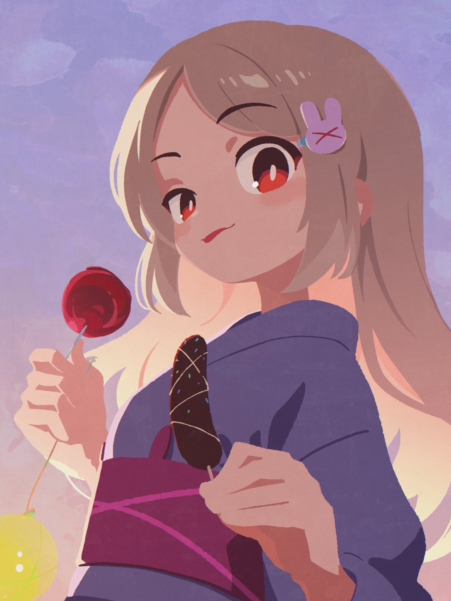 takarai shunsuke, natori sana, sana channel, commentary request, highres, 1girl, :p, blonde hair, blue kimono, bright pupils, candy apple, chocolate-covered food, chocolate banana, closed mouth, food, hair ornament, half-closed eye, holding, holding candy apple, holding food, japanese clothes, kimono, long hair, long sleeves, looking at viewer, obi, parted bangs, rabbit hair ornament, red eyes, sash, smile, solo, tongue, tongue out, virtual youtuber, white pupils, yukata