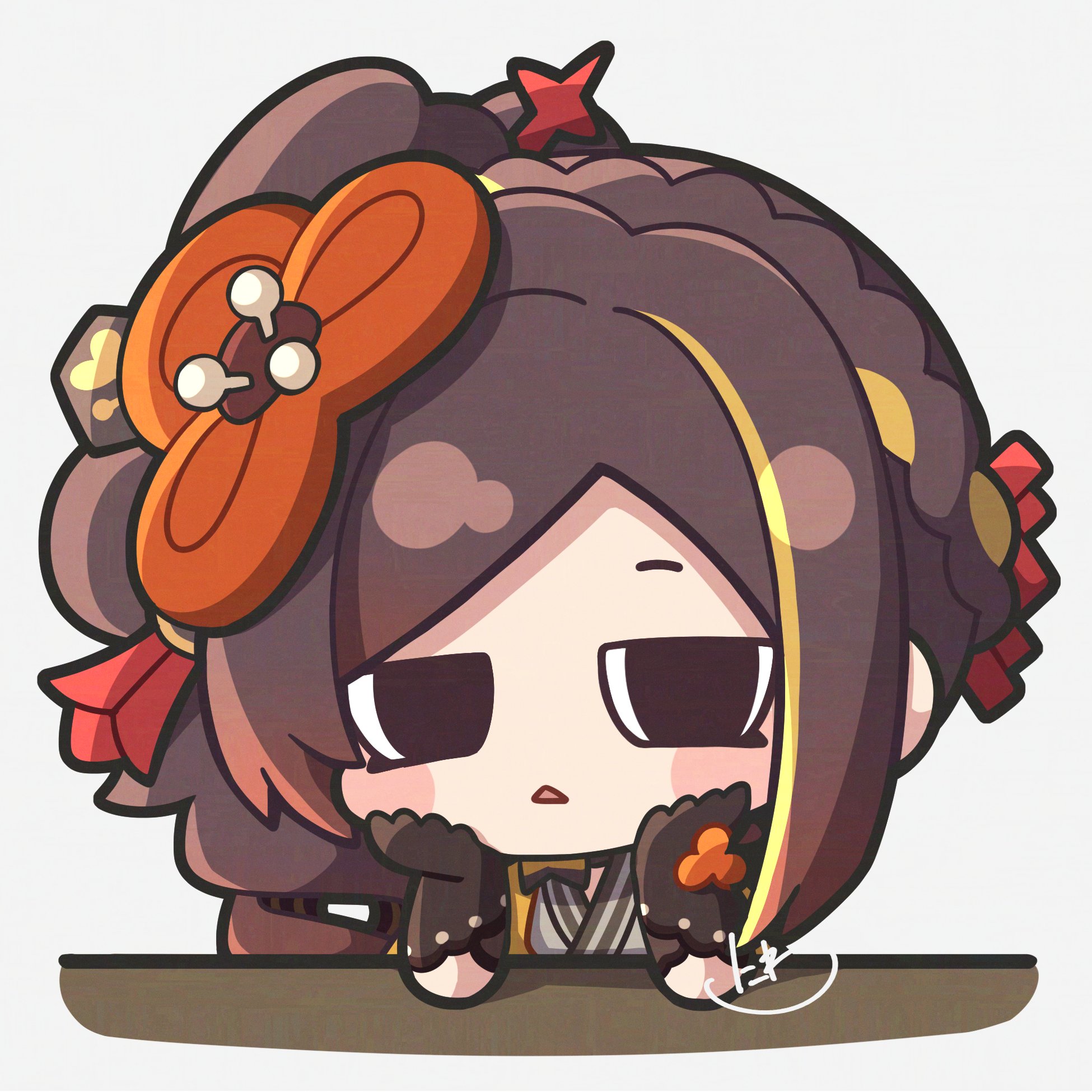 niwa 2810, chiori (genshin impact), genshin impact, adversarial noise, commentary request, highres, 1girl, blonde streaks, brown gloves, brown hair, chibi, chibi only, gloves, hair ornament, head rest, looking at viewer, multicolored hair, signature, simple background, solo, streaked hair, triangle mouth, white background