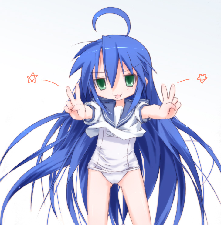 kuroba u, izumi konata, lucky star, 00s, 1girl, aqua eyes, blue sailor collar, female focus, long hair, mole, mole under eye, no pants, one-piece swimsuit, sailor collar, school swimsuit, school uniform, serafuku, solo, swimsuit, swimsuit under clothes, v, very long hair, white one-piece swimsuit, white school swimsuit