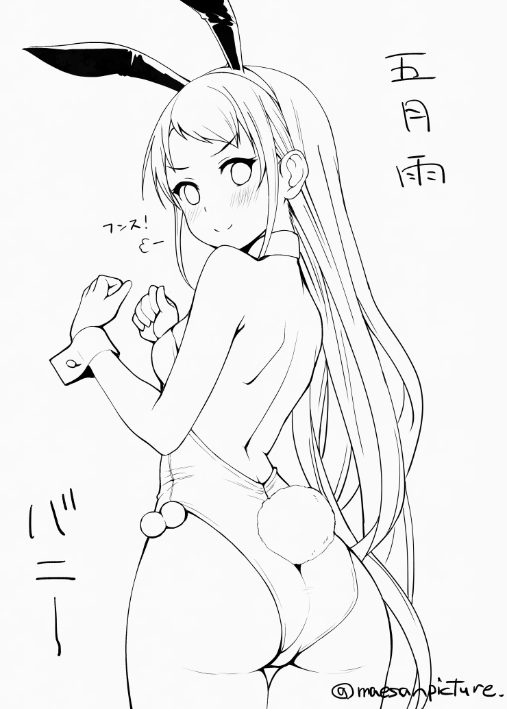 mae (maesanpicture), samidare (kancolle), kantai collection, 1girl, alternate costume, animal ear hairband, animal ears, ass, breasts, detached collar, fake animal ears, from behind, hairband, leotard, lineart, long hair, looking at viewer, looking back, pantyhose, playboy bunny, rabbit ears, rabbit tail, small breasts, smile, solo, strapless, strapless leotard, tail, very long hair, wrist cuffs
