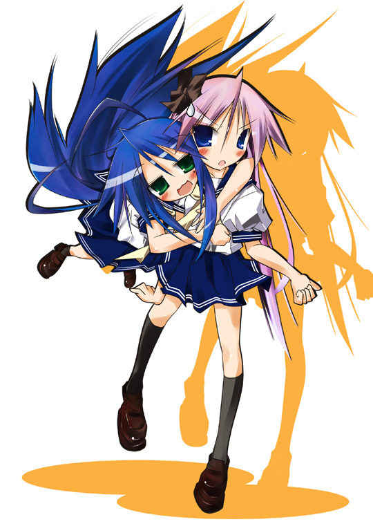 yamaguchi shinnosuke, hiiragi kagami, izumi konata, lucky star, brown footwear, 00s, 2girls, :d, :o, angry, blue eyes, blue hair, green eyes, hug, kneehighs, loafers, long hair, mole, mole under eye, multiple girls, open mouth, parted lips, pink hair, puffy short sleeves, puffy sleeves, sailor collar, school uniform, serafuku, shoes, short sleeves, silhouette, simple background, smile, socks, surprised, sweatdrop, very long hair, white background, yuri