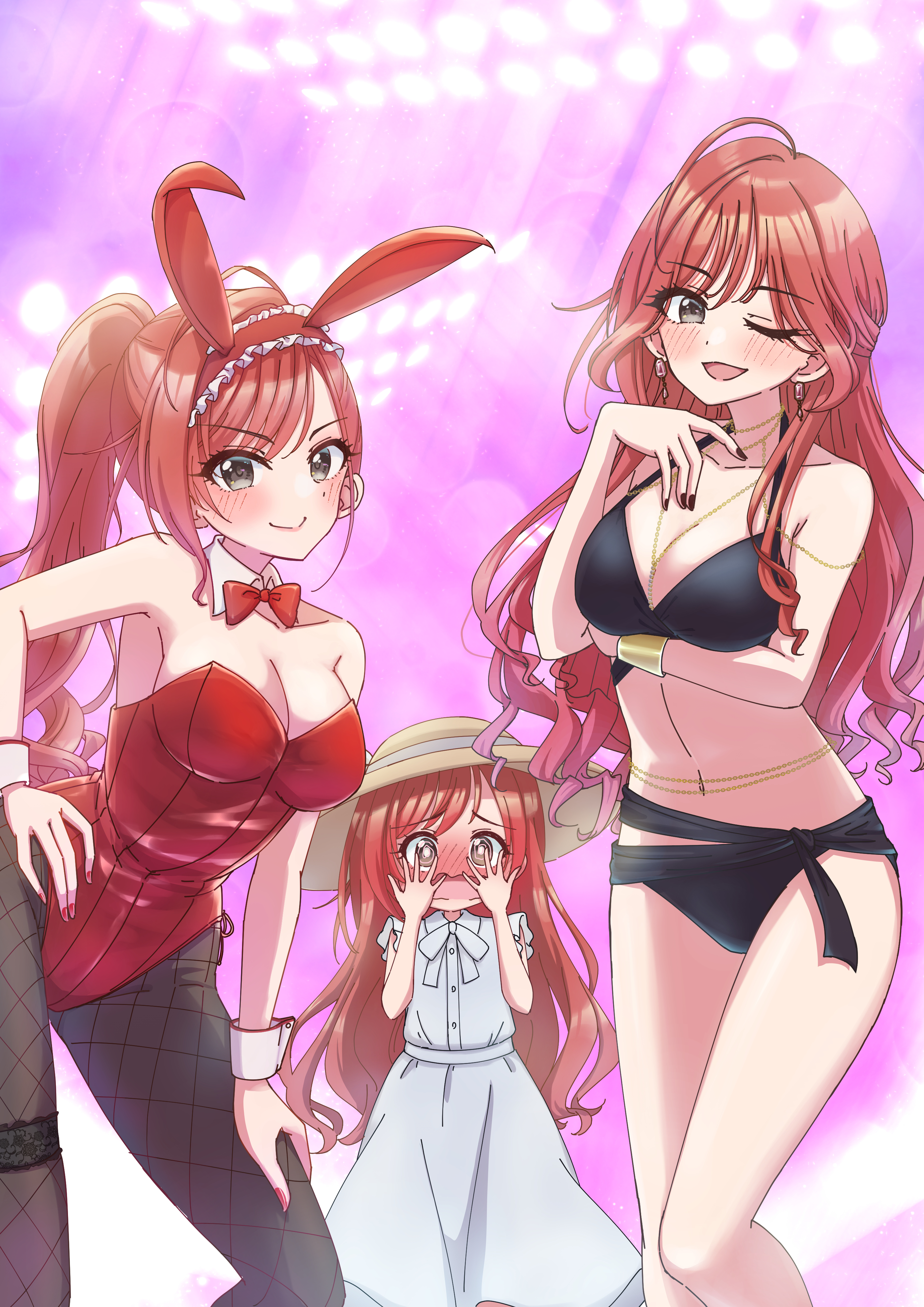 s aomidoro, arisugawa natsuha, idolmaster, idolmaster shiny colors, absurdres, highres, 3girls, animal ear hairband, animal ears, bikini, black bikini, black pantyhose, blue dress, blush, bow, bowtie, breasts, brown hair, cleavage, detached collar, dress, fake animal ears, feet out of frame, fishnet pantyhose, fishnets, frilled hairband, frills, hairband, hand on own thigh, leotard, long hair, medium breasts, multiple girls, multiple persona, nose blush, open mouth, pantyhose, playboy bunny, ponytail, rabbit ears, red hair, smile, strapless, strapless leotard, swimsuit, wavy hair, wrist cuffs