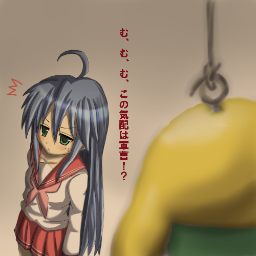 nabeyaki neko, izumi konata, lucky star, lowres, 00s, 1girl, female focus, mole, mole under eye, school uniform, serafuku, solo