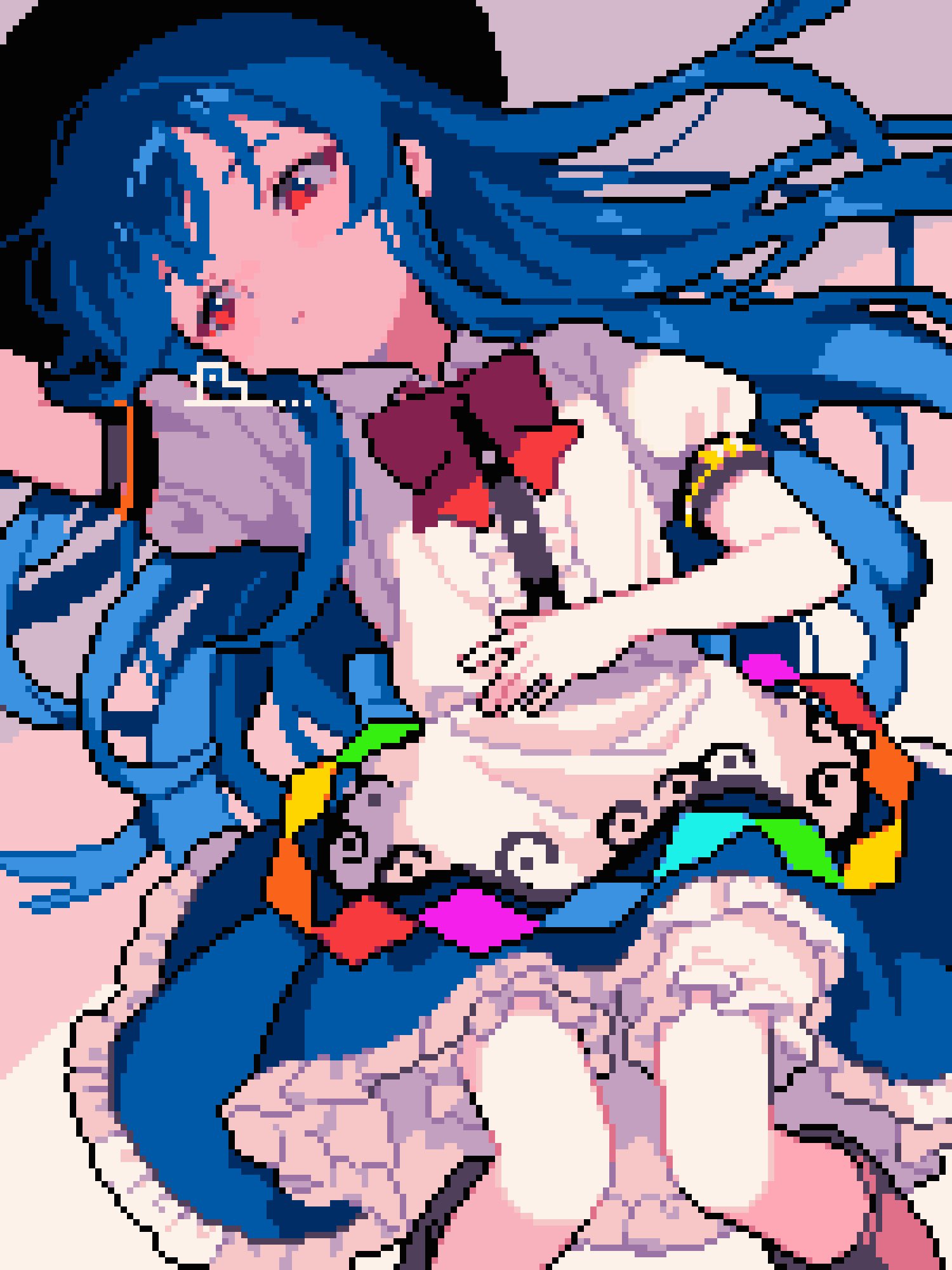ahiru tokotoko, hinanawi tenshi, touhou, highres, 1girl, bloomers, blue hair, blue skirt, boots, bow, bowtie, brown boots, closed mouth, collared shirt, expressionless, frills, hand on own stomach, hat, long hair, lying, on back, pixel art, red bow, red bowtie, red eyes, shirt, short sleeves, skirt, solo, underwear, white bloomers, white shirt
