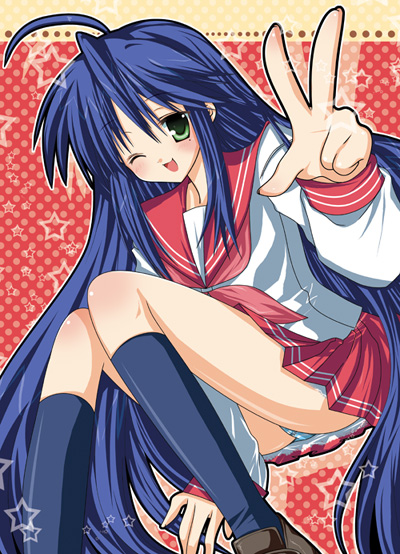 sakura hanpen, izumi konata, lucky star, 00s, 1girl, female focus, mole, mole under eye, panties, pantyshot, school uniform, serafuku, solo, striped clothes, striped panties, underwear