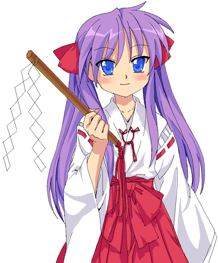 mutsuki (moonknives), hiiragi kagami, lucky star, 00s, 1girl, blue eyes, blush, female focus, gohei, hakama, hakama skirt, japanese clothes, miko, purple hair, red hakama, simple background, skirt, solo, twintails