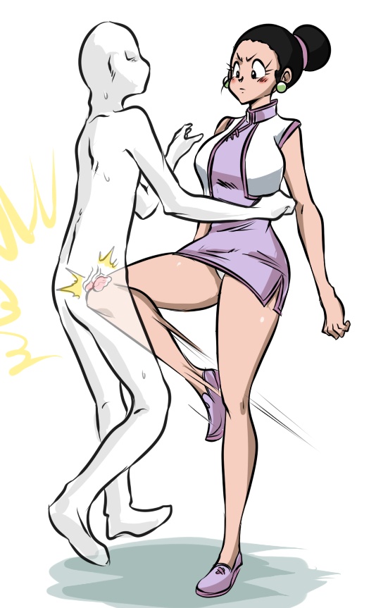 ocigart, chi-chi (dragon ball), 1boy, 1girl, ball busting, hair bun, kneeing