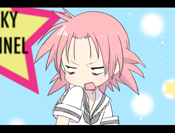 kogami akira, lucky star, 00s, 1girl, blue background, empty eyes, female focus, lucky channel, pink hair, sailor collar, school uniform, serafuku, short hair, simple background, sleeve cuffs, solo, star (symbol), upper body