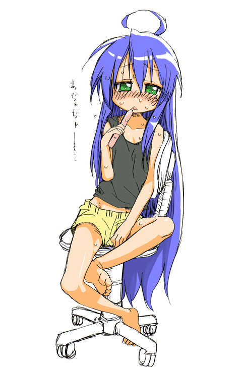 mikami komata, mikami konu, izumi konata, lucky star, 00s, 1girl, :<, ahoge, barefoot, blue hair, blush, chair, crossed legs, feet, female focus, food, hot, long hair, mole, mole under eye, popsicle, shorts, sitting, solo, sweat, tank top, triangle mouth, tupet, very long hair