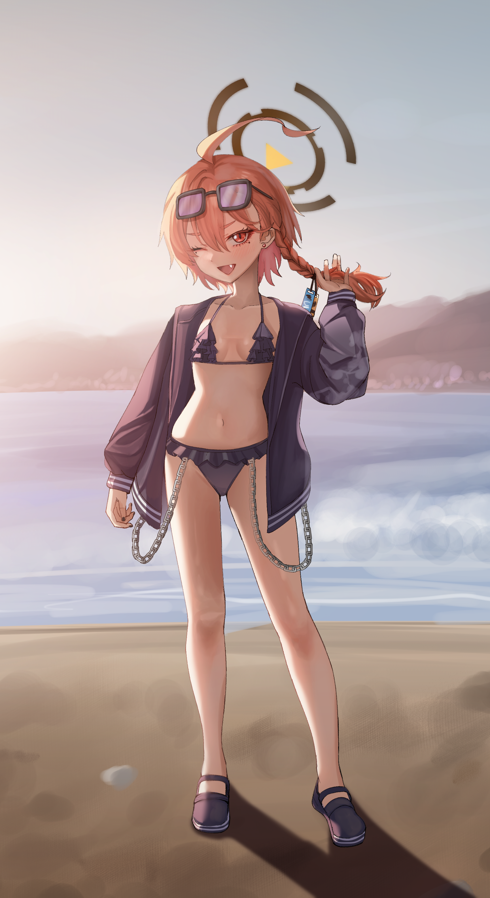 taeman, neru (blue archive), neru (swimsuit) (blue archive), blue archive, absurdres, highres, 1girl, ahoge, asymmetrical bangs, asymmetrical hair, beach, bikini, black bikini, black halo, black jacket, blue sky, braid, cloud, day, eyewear on head, frilled bikini, frills, full body, halo, huge ahoge, jacket, jacket over swimsuit, mole, mole under each eye, mole under eye, mountainous horizon, multiple moles, ocean, orange hair, outdoors, red eyes, short hair, single braid, sky, solo, sukajan, sunglasses, swimsuit