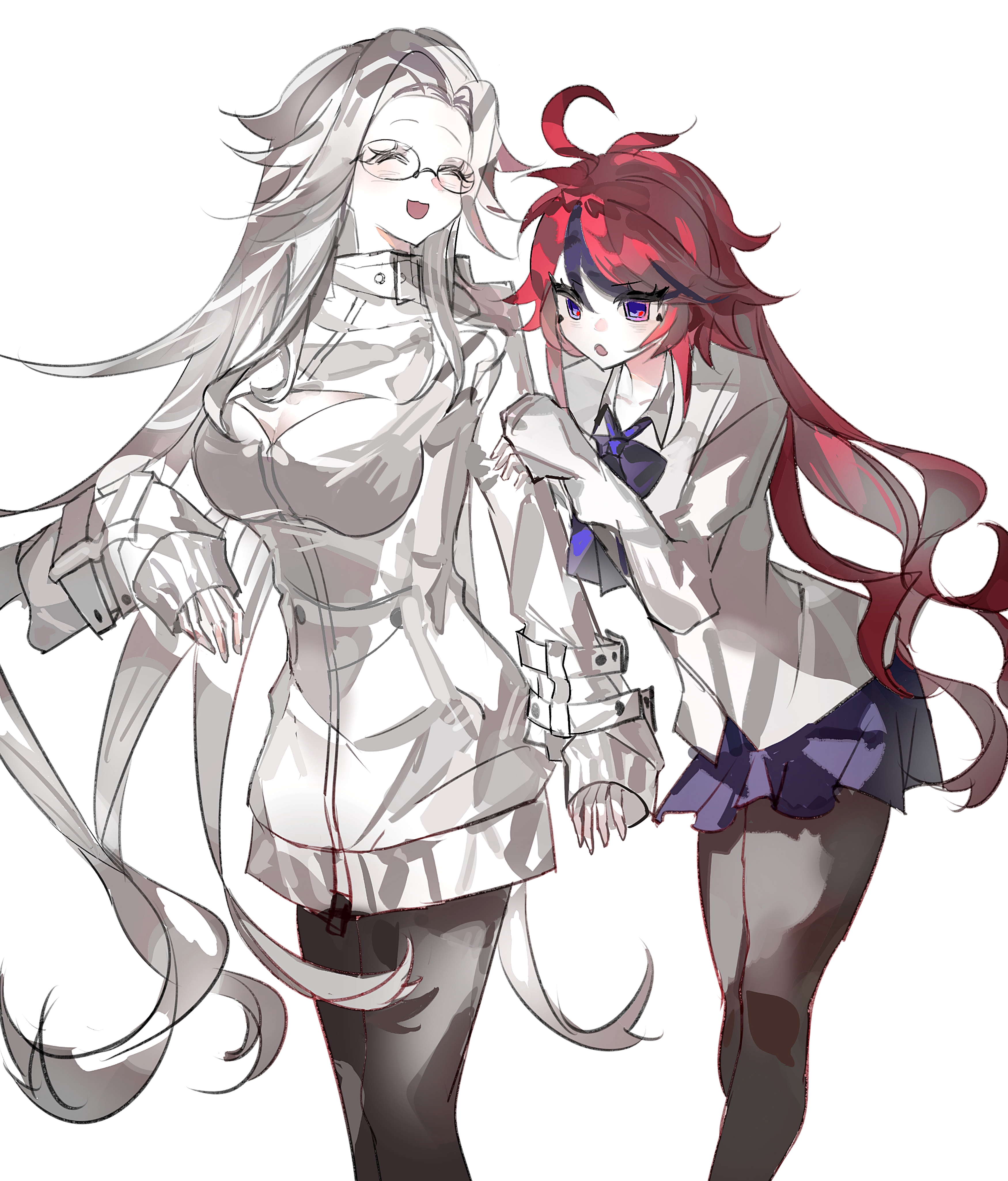 aotsuki eito, sumino takumi, the hundred line -last defense academy-, absurdres, chinese commentary, highres, 2girls, :d, :o, ^ ^, ahoge, black leggings, blue eyes, blue ribbon, blue skirt, breasts, closed eyes, collared shirt, eyelashes, facing another, feet out of frame, genderswap, genderswap (mtf), glasses, grey hair, hand on another's arm, hand up, jacket, jiuqiansuixiaolongxia, large breasts, leggings, long hair, looking to the side, miniskirt, multicolored hair, multiple girls, neck ribbon, open mouth, red hair, red pupils, ribbon, shirt, simple background, skirt, smile, streaked hair, very long hair, white background, white jacket, white shirt