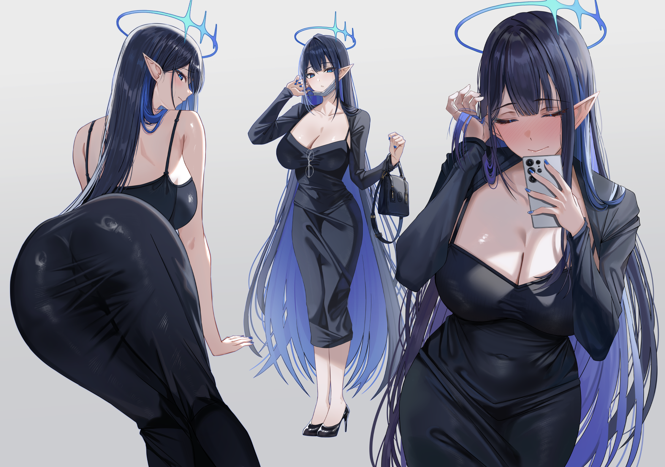 nicky w, rin (blue archive), blue archive, highres, 1girl, alternate costume, ass, bag, bare arms, bare shoulders, black bag, black dress, black hair, black jacket, black shoes, blue hair, blue halo, blush, breasts, cellphone, cleavage, closed eyes, closed mouth, colored inner hair, dress, embarrassed, grey mask, hair behind ear, halo, hand in own hair, high heels, holding, holding bag, holding phone, jacket, large breasts, long hair, mask, mouth mask, multicolored hair, multiple views, phone, pointy ears, shoes, sidelocks, sleeveless, sleeveless dress, smartphone, two-tone hair